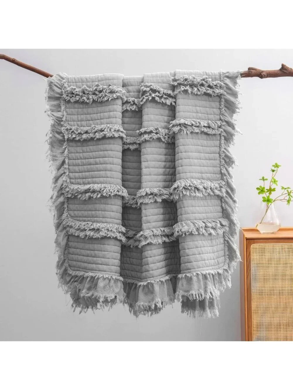 Ultra Soft Boho Grey King Size Blanket, Ruffle Fringed Throw, Chic Rustic Decor